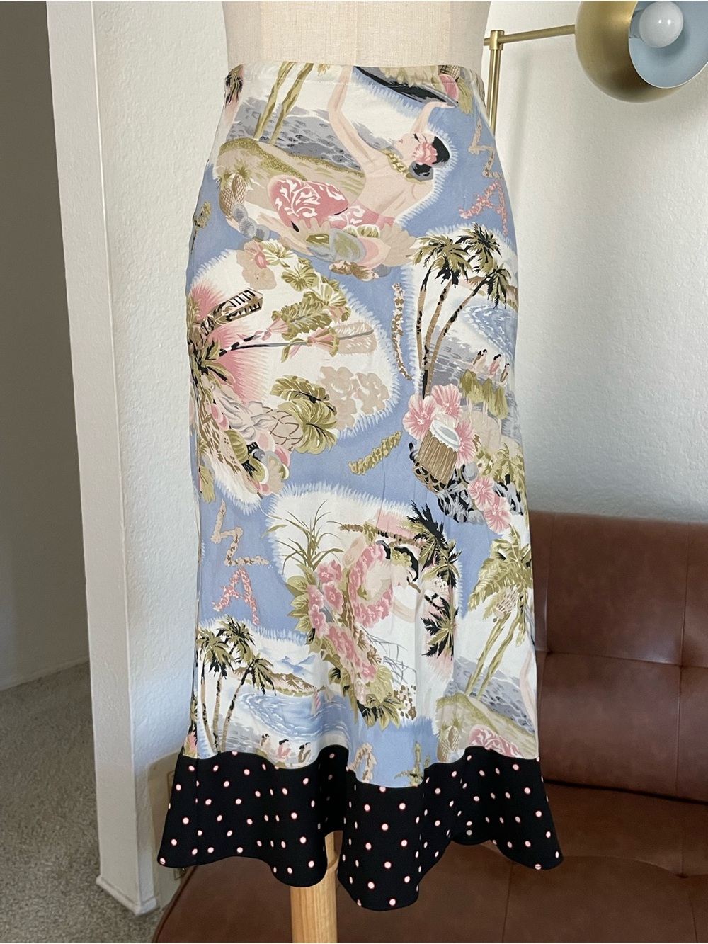 Vintage Lucky Brand Beach Resortwear Aloha Hawaiian Polka Dot Midi Skirt